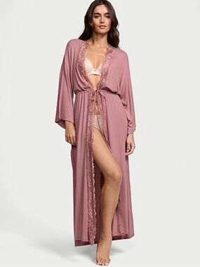 VICTORIA'S SECRET SoSoft Modal Ribbed Lace-Trim Long Robe Rose Pink XL/XXL